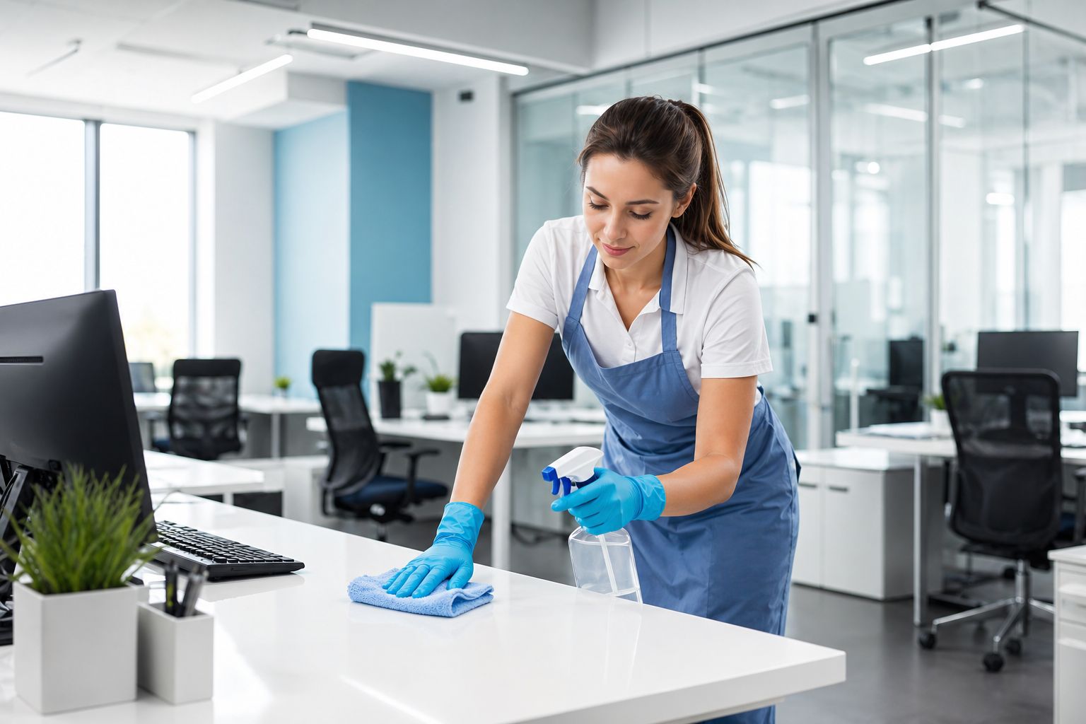 Professional cleaner wiping a desk in a bright modern office